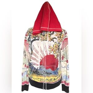 Medium Vintage Y2K Lucky Brand Japanese Art Graphic Print Zip Up Hoodie Jacket